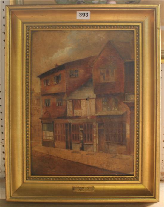 T. Watkinson, oil on canvas, Old Snig Hill, Sheffield, 34 x 24cm (damaged)